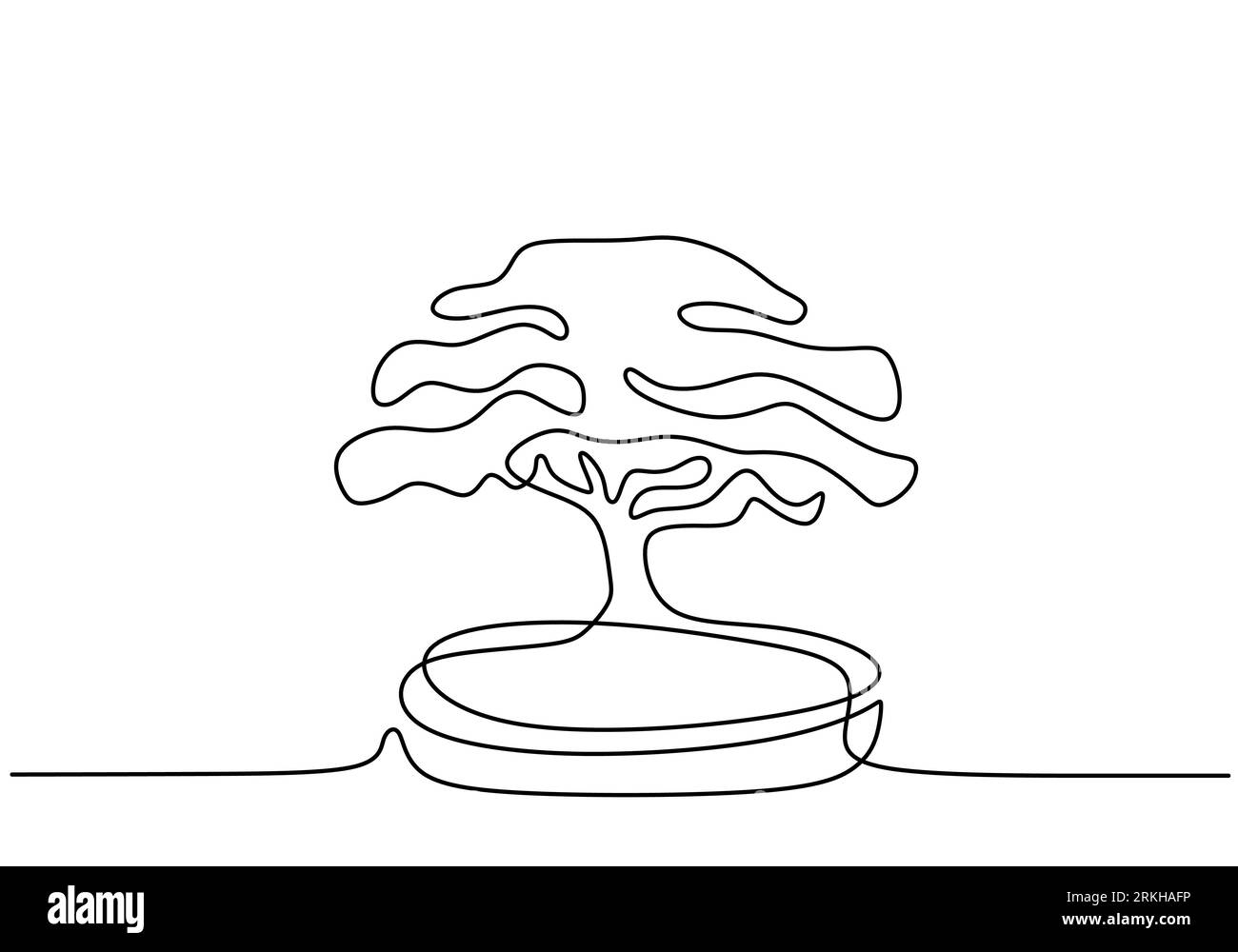 Arbre bonsaï décoratif dans des pots dessin continu d'une ligne. Vieille beauté exotique petit arbre bonsaï pour décoration murale d'art à la maison. Ancienne plante en pot minimale Illustration de Vecteur