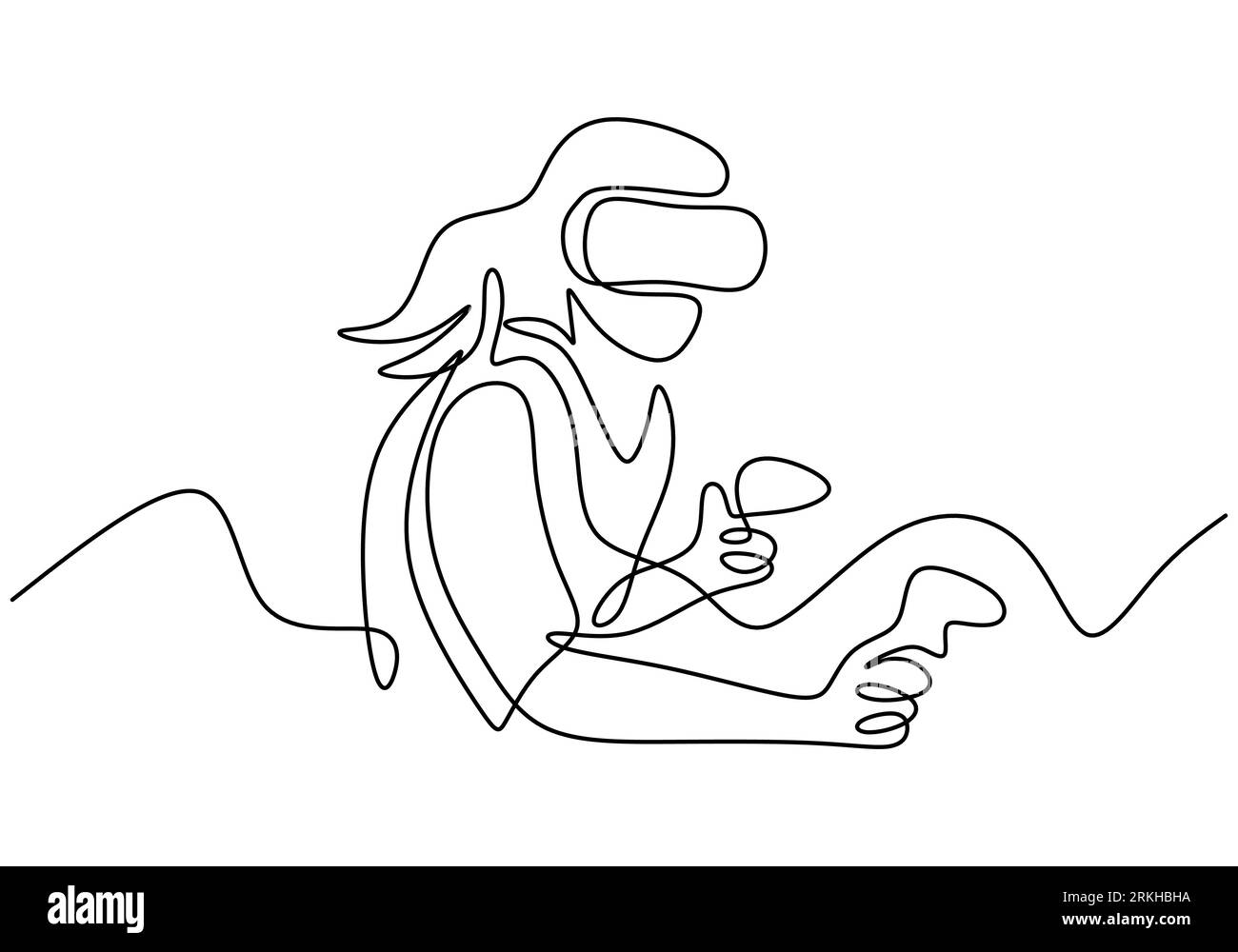 Fille utilisant VR avec un dessin d'art continu unique d'une ligne. Concept futuriste de joueur de jeu de technologie intelligente. Femme tenant le contrôleur de mouvement. Augmen 3D. Illustration de Vecteur