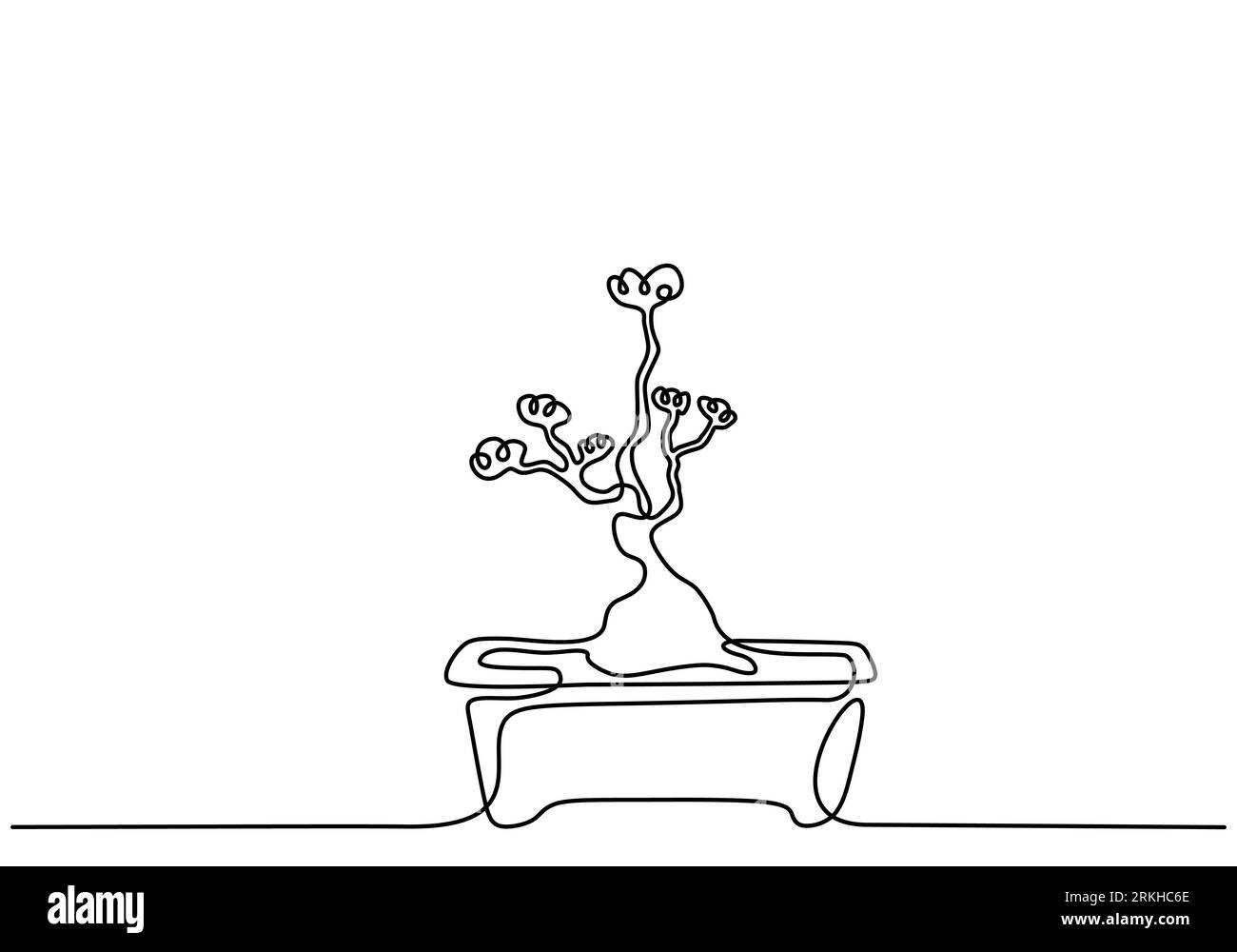 Dessin au trait continu de l'arbre bonsaï de la nature dans le pot isolé sur fond blanc. Beauté et plante banyan chinoise ou japonaise fraîche pour mur d'art à la maison Illustration de Vecteur