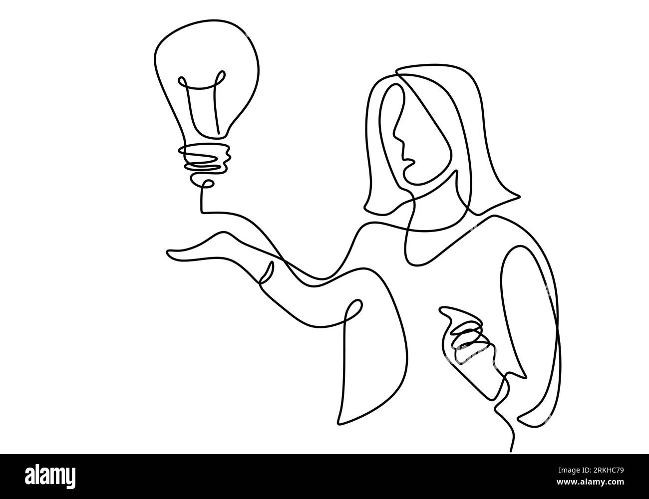 Un seul dessin de ligne de jeune femme d'affaires présentant une nouvelle idée pour le prochain projet tout en montrant une lampe d'ampoule. Pensez grand, pointez vers le concept d'idée. Efficacité Illustration de Vecteur