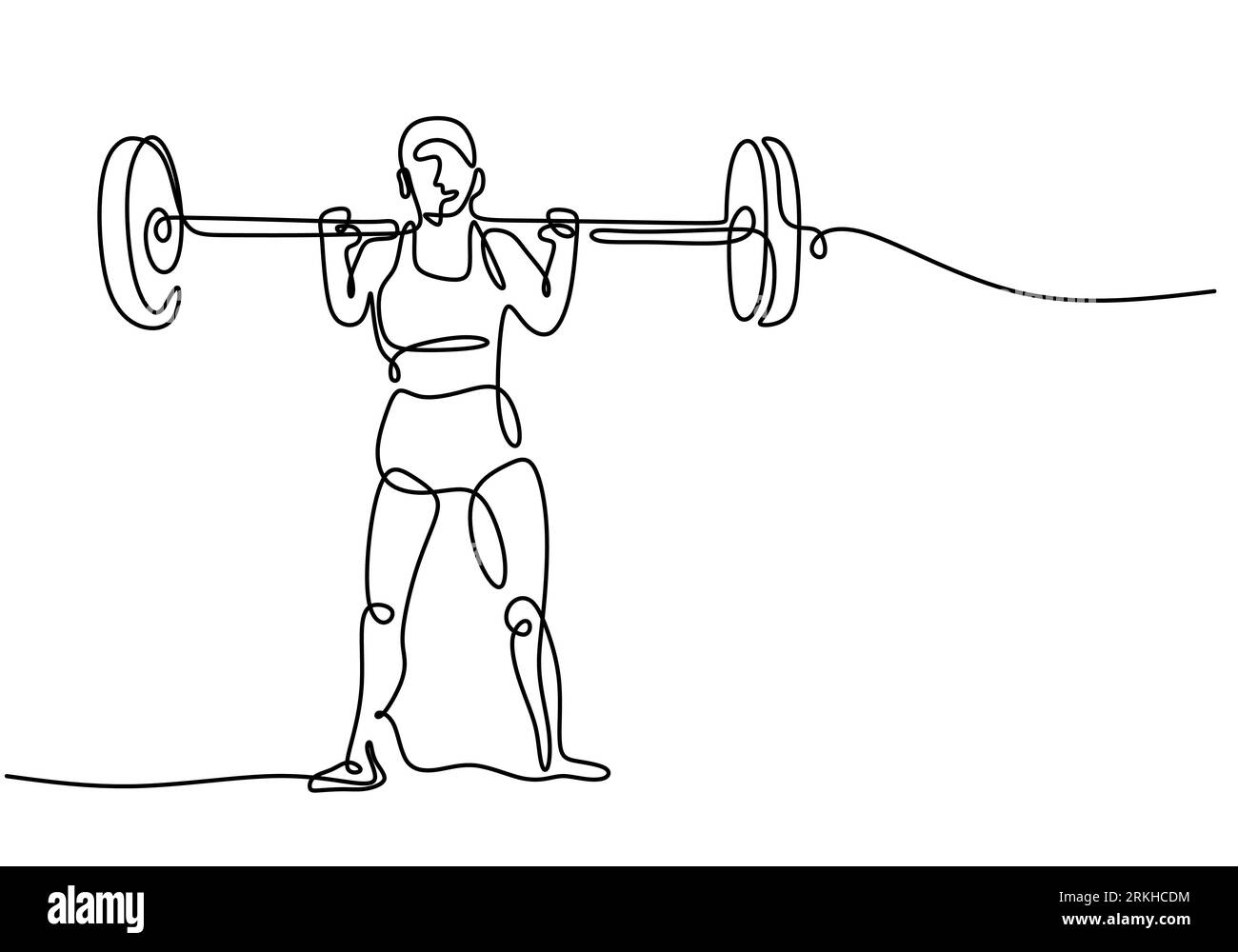 Un seul dessin de ligne de la barre d'ascenseur d'entraînement de jeune homme sportif sur la presse de banc dans le centre de club de gymnase de sport. Concept d'étirement de fitness isolé Illustration de Vecteur