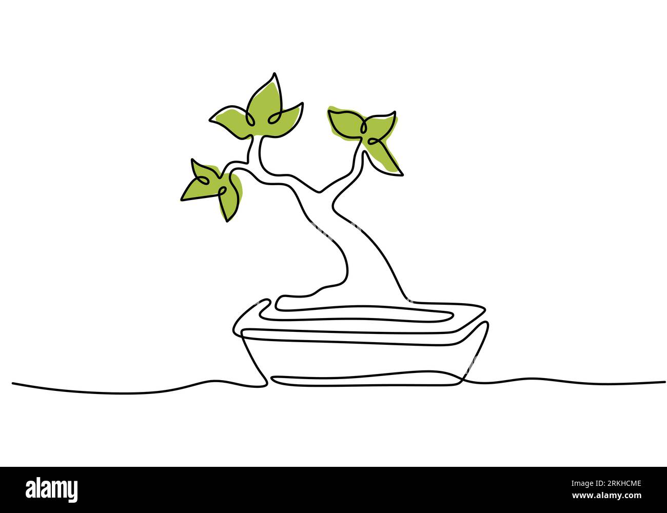 Dessin au trait continu de l'arbre bonsaï de la nature dans le pot isolé sur fond blanc. Beauté et plante banyan chinoise ou japonaise fraîche pour mur d'art à la maison Illustration de Vecteur