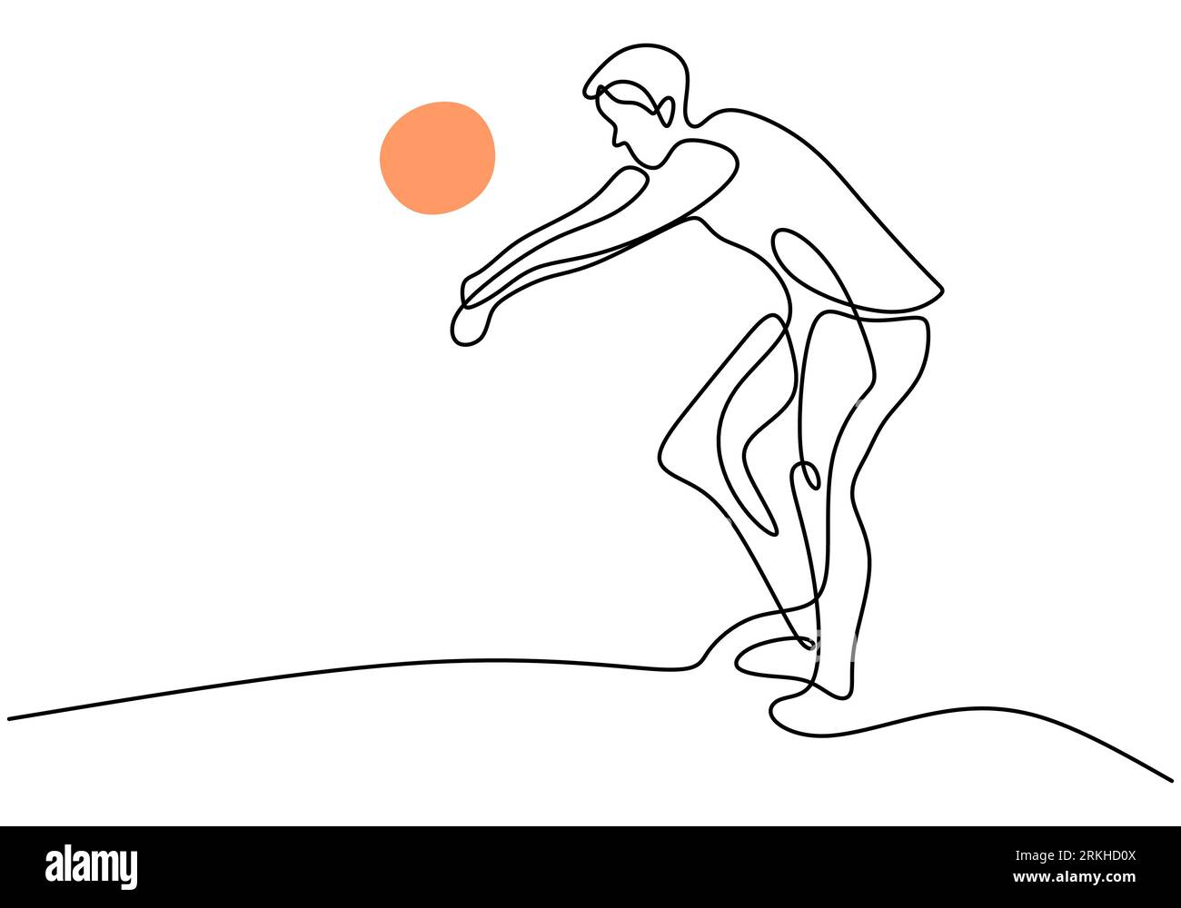 Une ligne continue dessinant un jeune joueur de volleyball professionnel masculin en action. Homme énergique jouant une balle sur le terrain isolé sur fond blanc. H Illustration de Vecteur