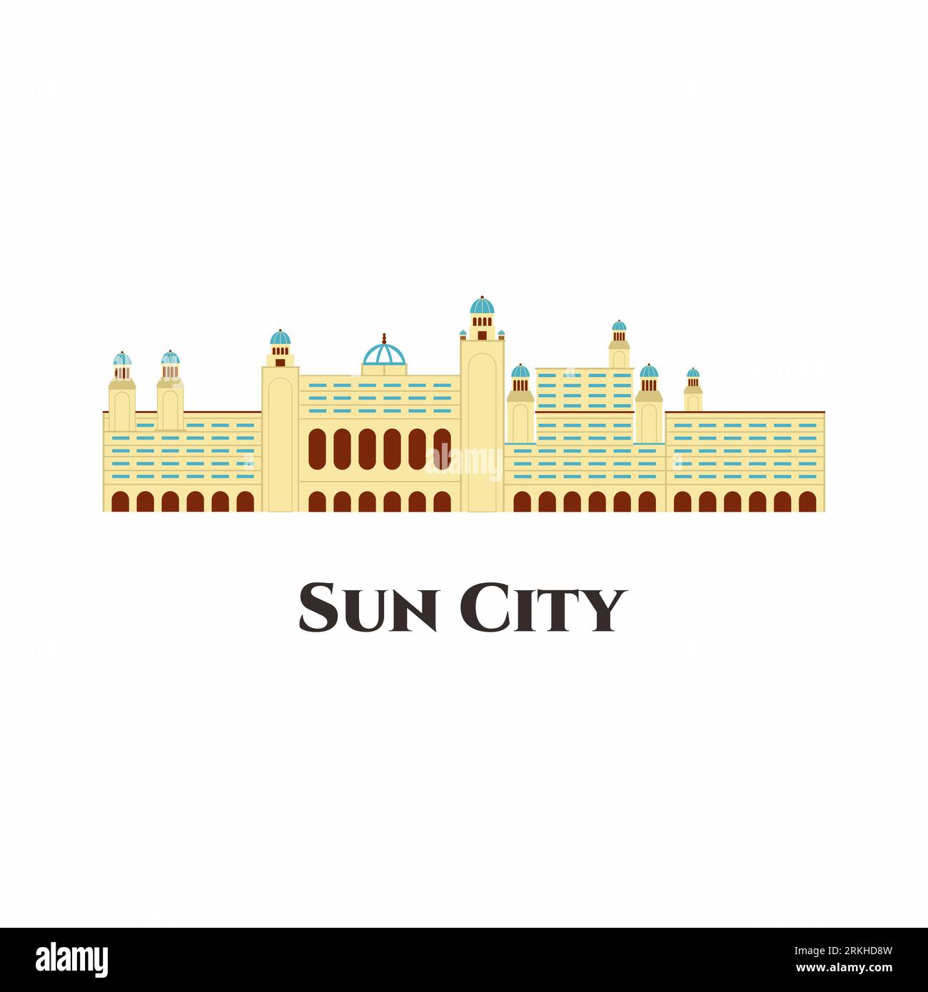 Sun City Resort en Afrique du Sud vecteur icône dessin animé plat. C'est une destination haut de gamme avec une foule d'hôtels, d'attractions et d'activités pour les enfants. Super de Illustration de Vecteur