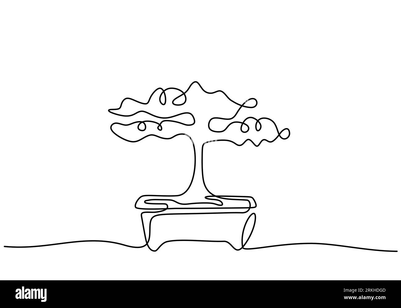Arbre bonsaï décoratif dans des pots dessin continu d'une ligne. Vieille beauté exotique petit arbre bonsaï pour décoration murale d'art à la maison. Ancienne plante en pot minimale Illustration de Vecteur