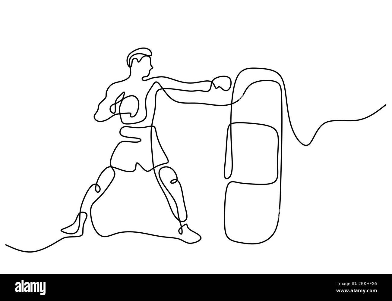 Un dessin au trait continu de jeune boxeur sportif a frappé le sac de frappe. Concept de sport de combat compétitif. Illustration vectorielle pour boxe match pro Illustration de Vecteur