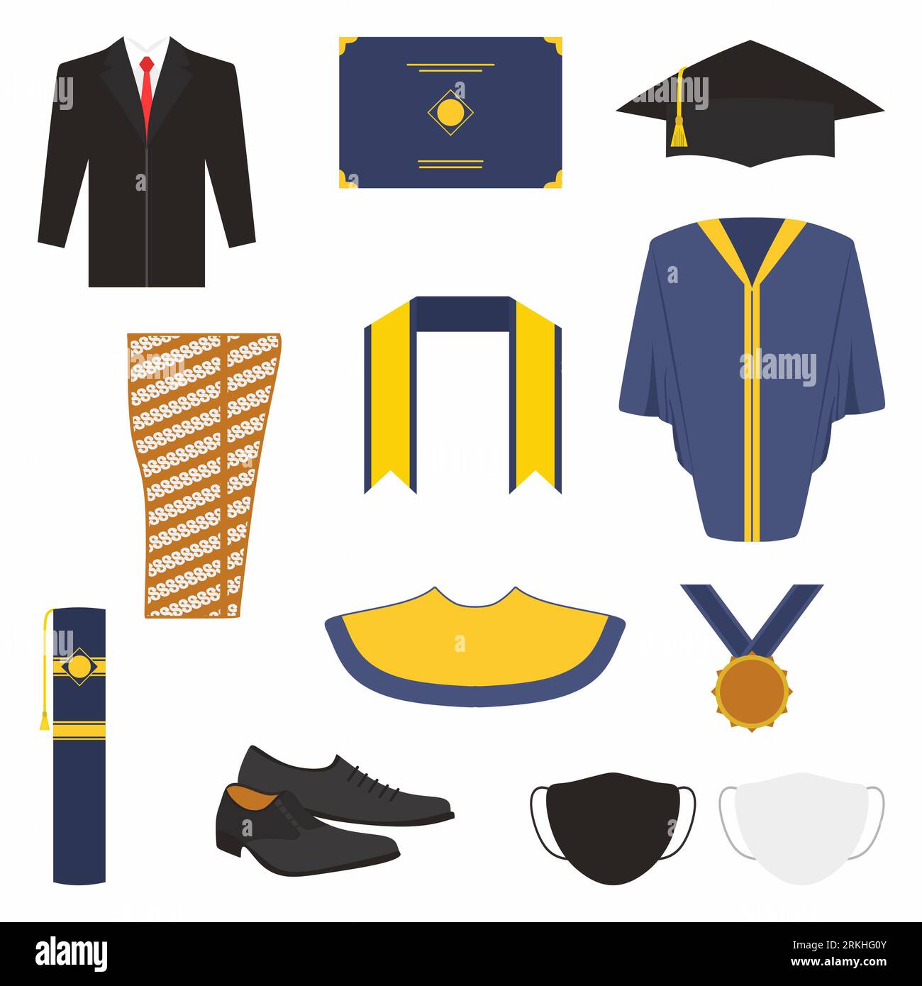 Ensemble de vêtements et accessoires de cérémonie de remise des diplômes. Robe de Bachelor, cravate, masque, chaussures, robe de toge de graduation, tueur de graduation, médaille de graduation, graduatio Illustration de Vecteur