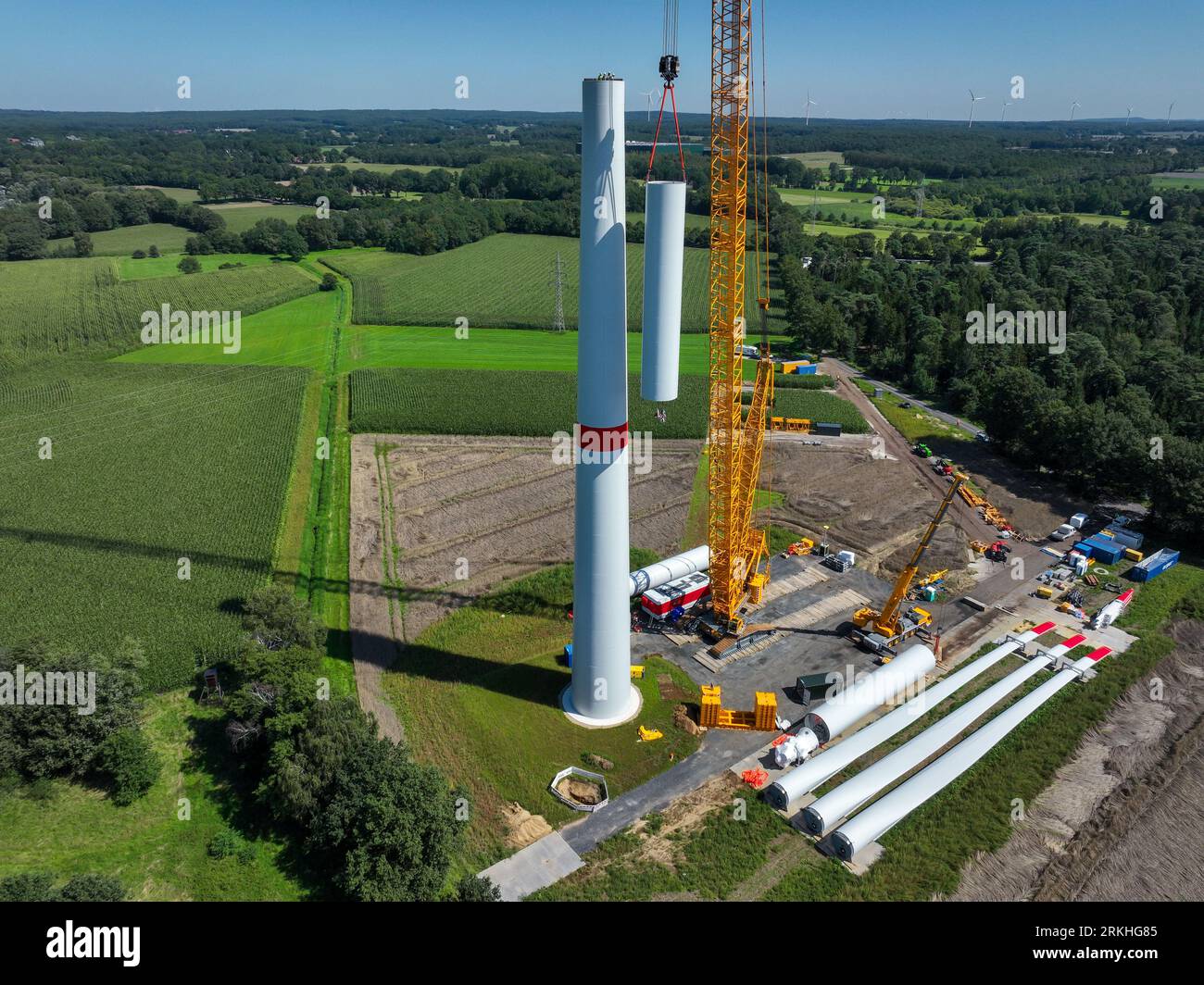 Dorsten, Rhénanie du Nord-Westphalie, Allemagne - Construction d'une éolienne, la première éolienne du parc éolien 'grosse Heide'. Les pales du rotor, Banque D'Images