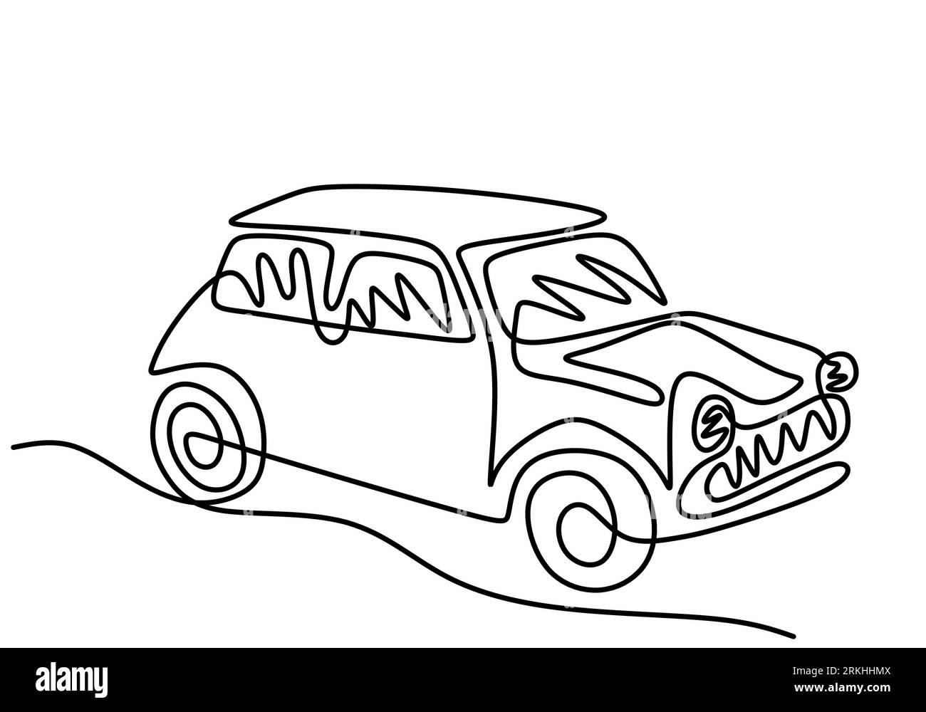Un dessin au trait continu de la voiture classique BWM Mini Cooper Sport. Voiture de course vintage conduisant sur route poussiéreuse. Concept de véhicule de transport classique. Illustration de Vecteur