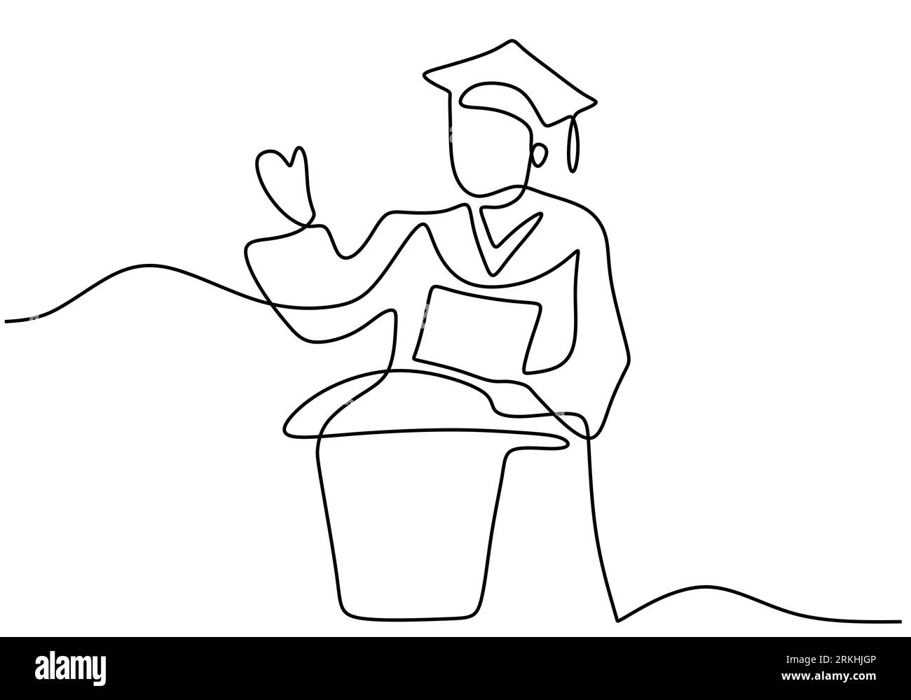 Dessin au trait continu de l'étudiant diplômé a fait un discours. Jeune homme étudiant debout et discours au public lors de la cérémonie de remise des diplômes dessiné par Illustration de Vecteur