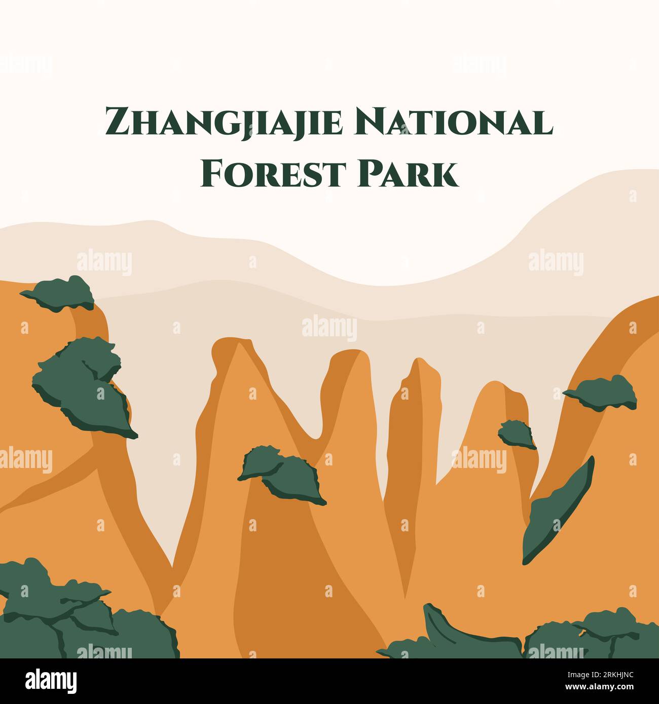 Vue panoramique du parc forestier national de Zhangjiajie. Site du patrimoine mondial de l'UNESCO. Nature majestueuse. Asie célèbre attraction naturelle. Illustration vectorielle à plat Illustration de Vecteur