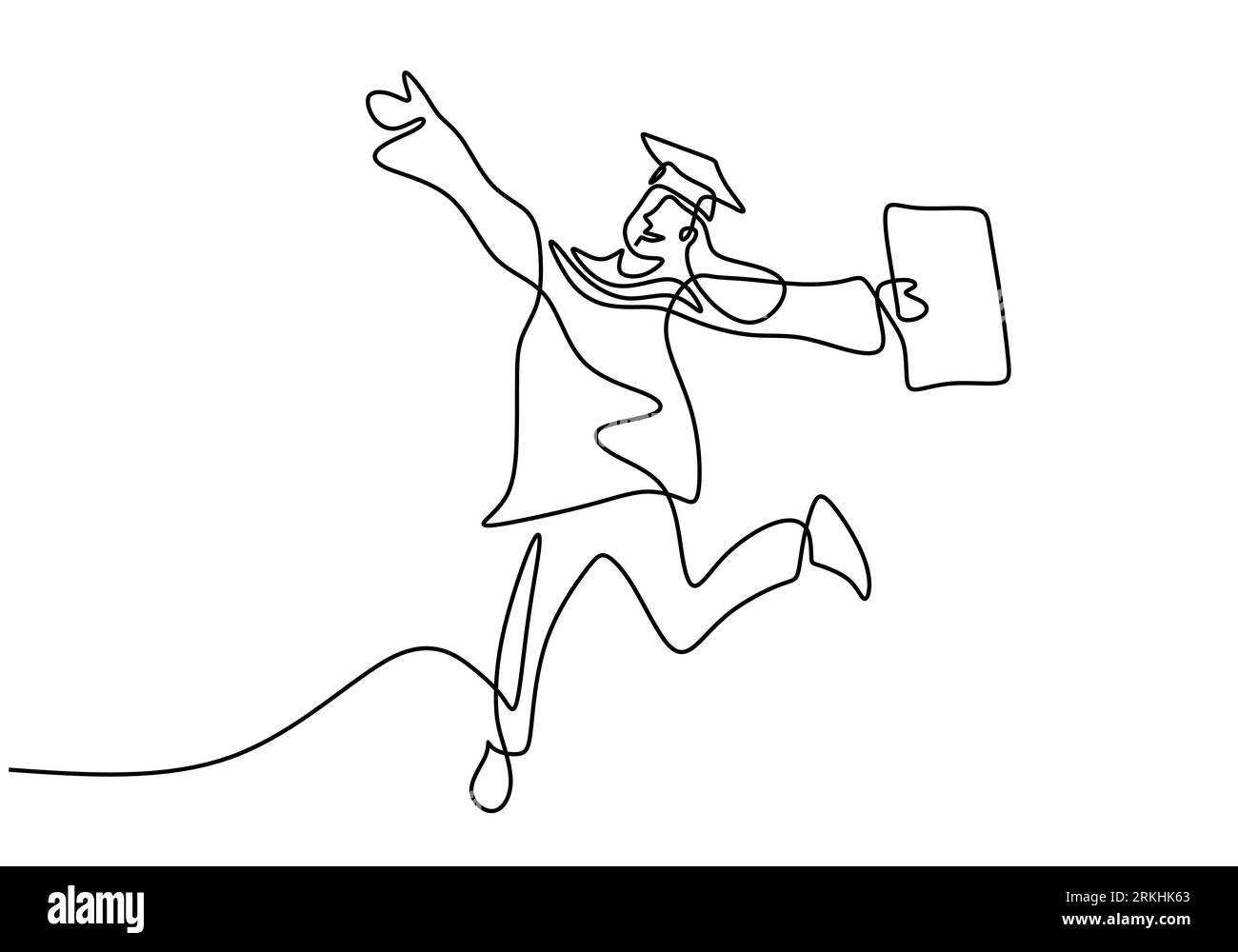 Dessin au trait continu de jeunes étudiants heureux diplômé étudiant de collège sautant joyeusement et porter la graduation isolé sur fond blanc. Éducation Illustration de Vecteur