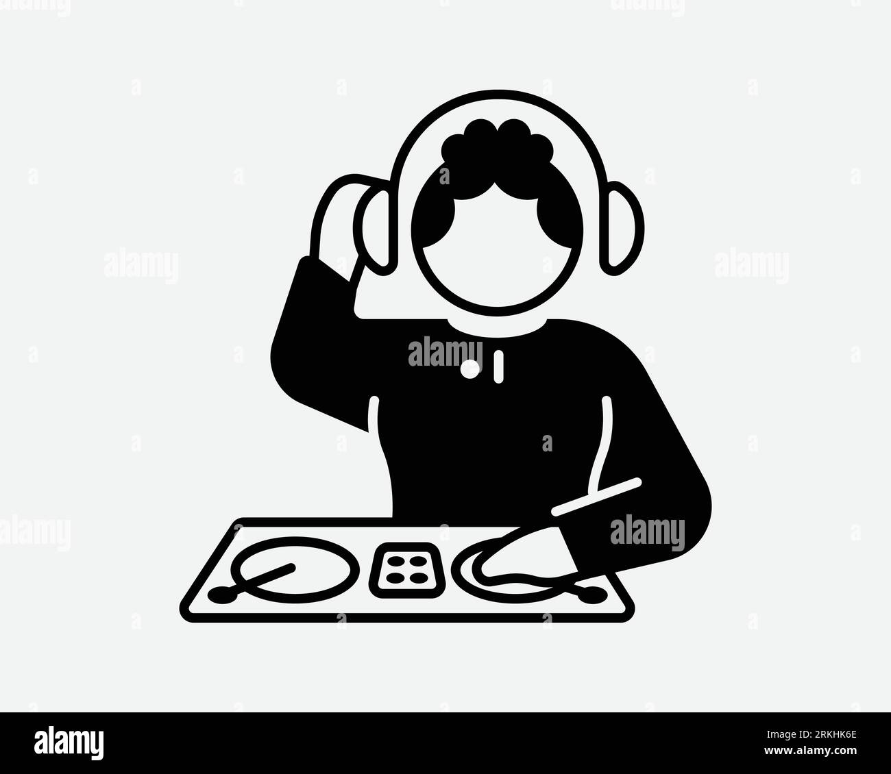 Femme DJ icône fille Femme Lady Music Party Club Clubbing Disco Disc Jockey Entertainment musique écouteurs Noir blanc forme vecteur illustration symbole Illustration de Vecteur