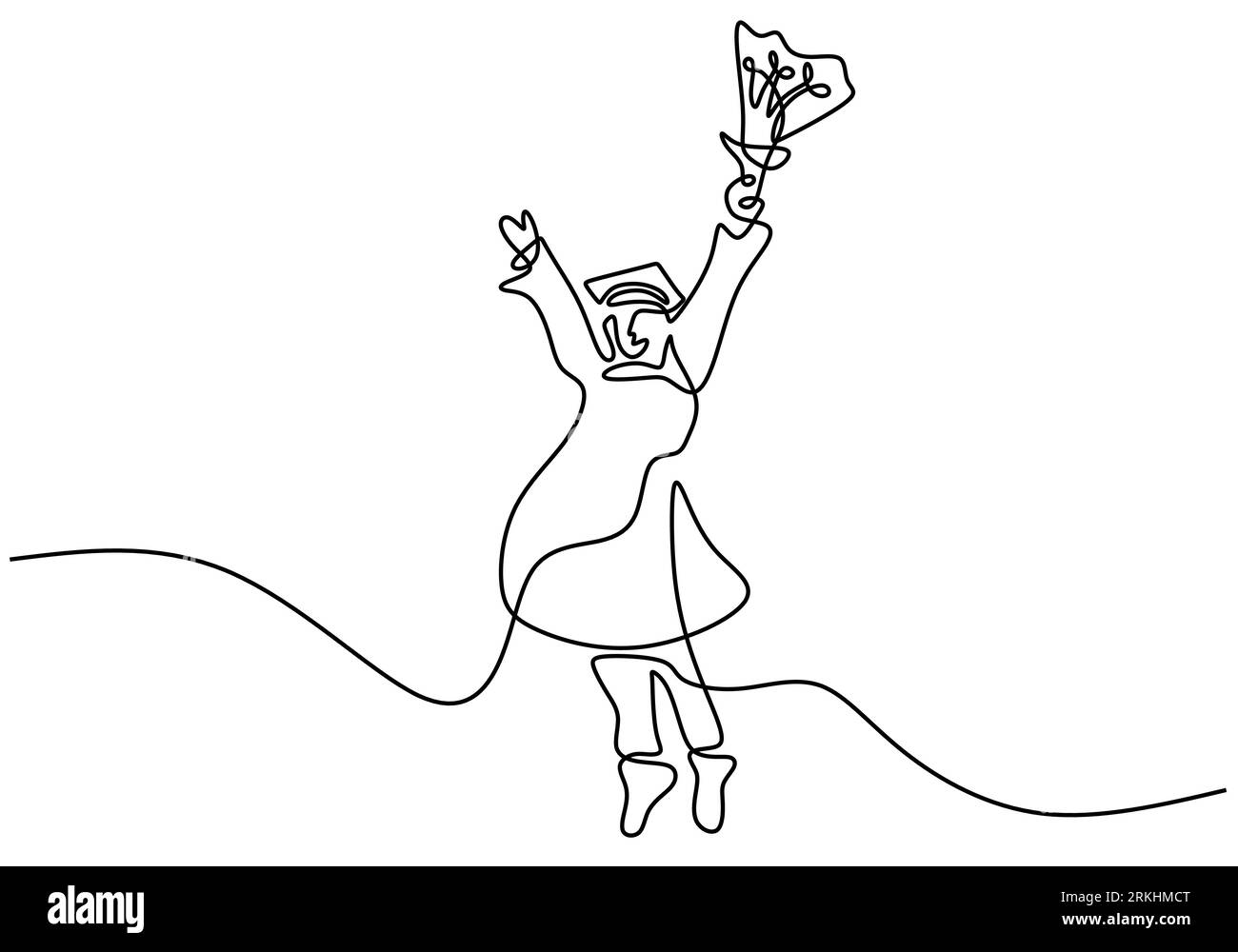 Dessin au trait continu de jeunes étudiants heureux diplômé étudiant de collège sautant joyeusement et porter la graduation isolé sur fond blanc. Éducation Illustration de Vecteur