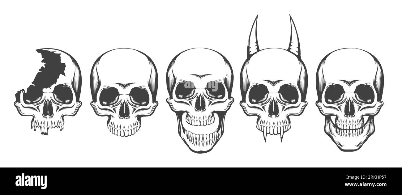 Ensemble de vues de face de crâne humain dessiné à la main. crâne cassé. corné, crâne sans mâchoire basse etc isolé sur fond blanc. Illustration vectorielle. Illustration de Vecteur
