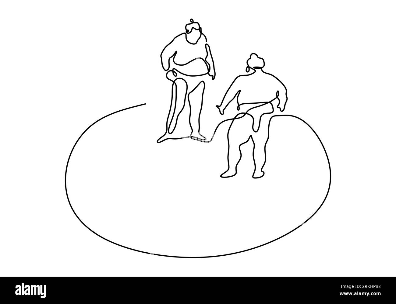 Un dessin au trait continu de deux jeunes grands hommes rikishi japonais est combat au tournoi de festival de style minimalisme isolé sur fond blanc. TRADI Illustration de Vecteur
