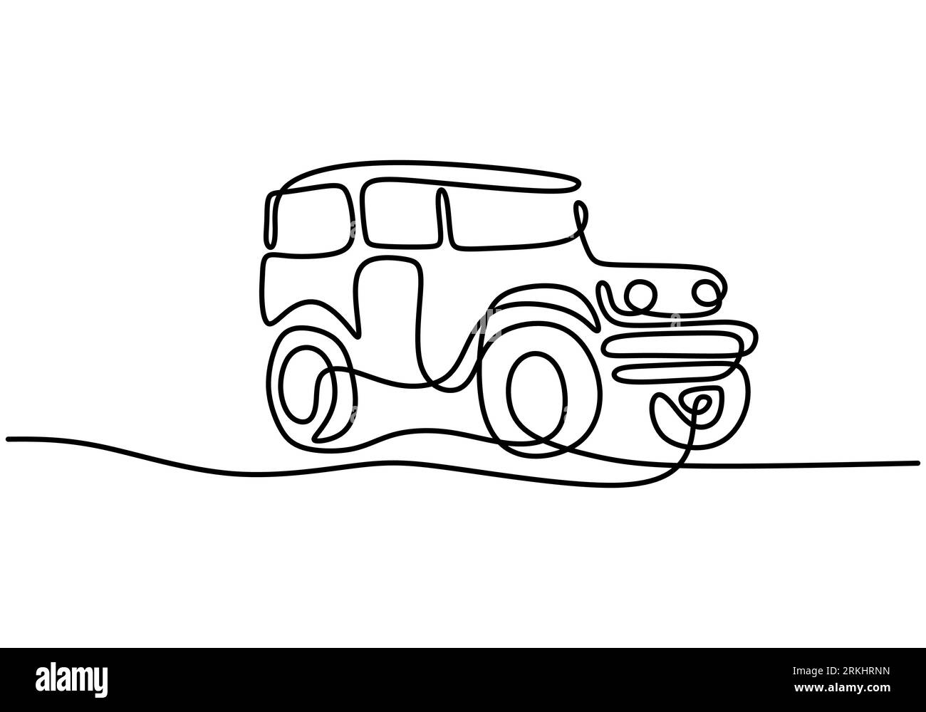 Une ligne continue tracée à une main de voiture de wrangler de jeep. Concept de transport de véhicule de rallye hors route aventure. Une jeep classique isolée sur whit Illustration de Vecteur