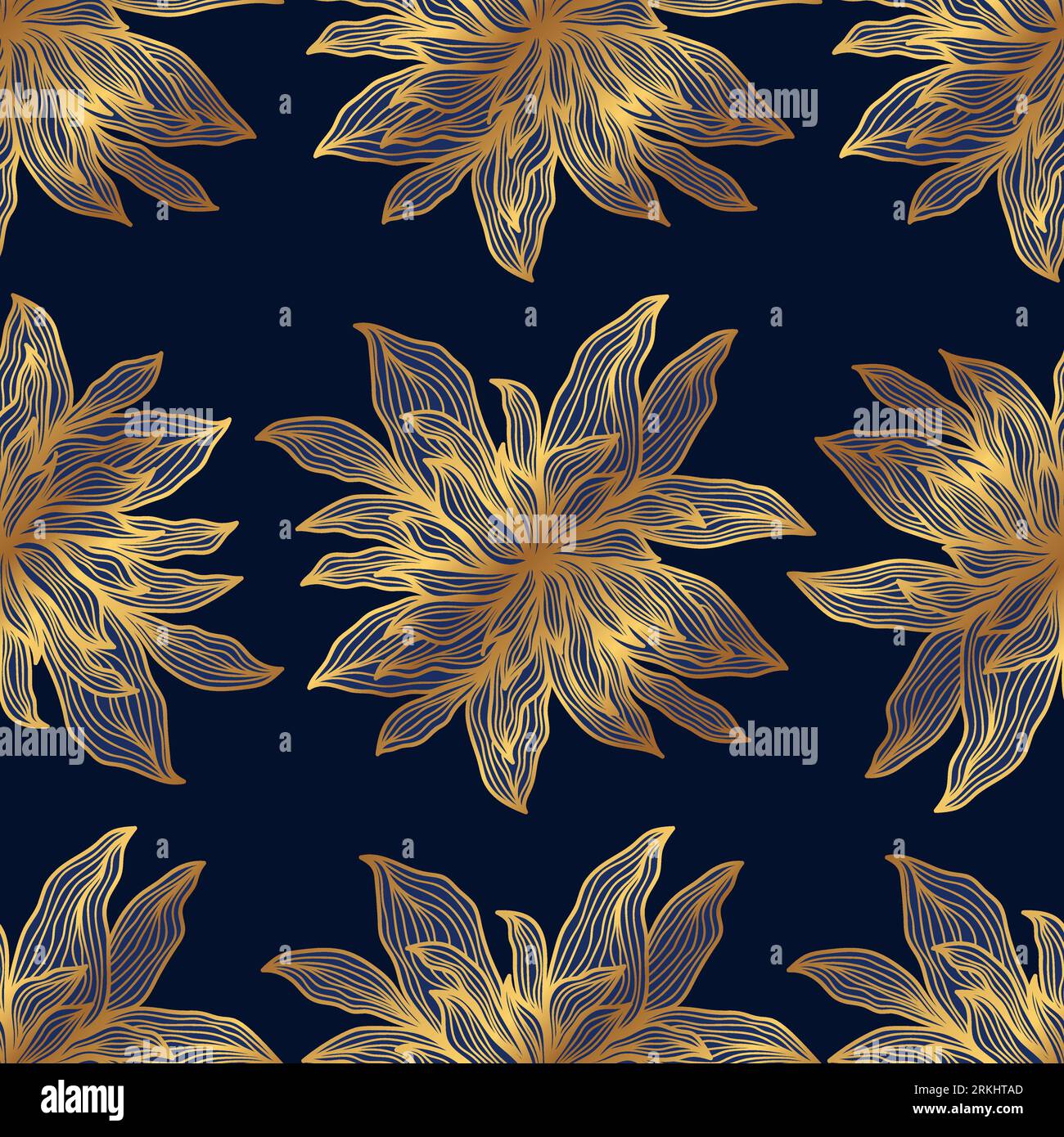 Élégant motif de fleur Dahlia en bleu et or avec style dessiné à la main Illustration de Vecteur