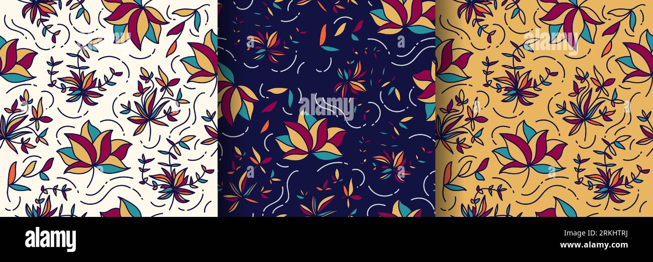 Motif floral sans couture avec style Cartoon en trois variations de fond. Motif floral. Convient pour papier peint, papier d'emballage, fond, tissu Illustration de Vecteur