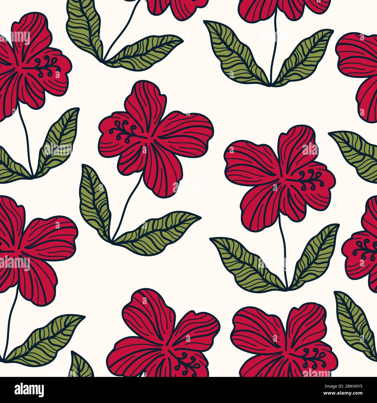 Motif fleur hibiscus. Motif floral sans couture dessiné à la main Illustration de Vecteur