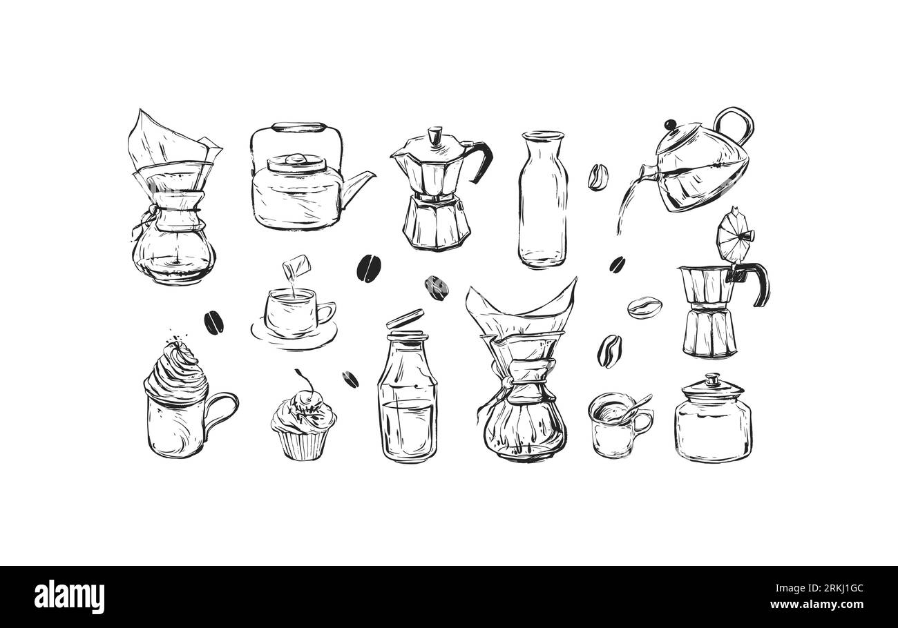 Ensemble d'éléments de café, bouilloire, tasse et tasses. Illustrations de dessin d'esquisse d'encre vectorielle tendance pour le café et le menu de restaurant. Dessiné à la main Illustration de Vecteur Ensemble d'éléments de café, bouilloire, tasse et tasses. Illustrations de dessin d'esquisse d'encre vectorielle tendance pour le café et le menu de restaurant. Dessiné à la main Illustration de Vecteur