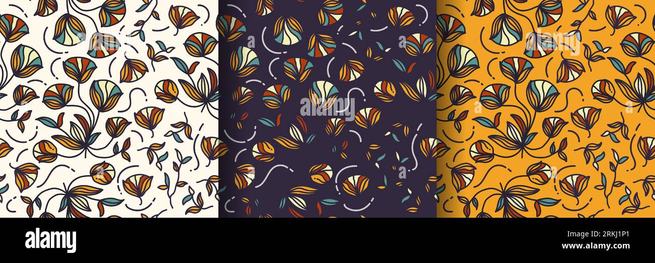 Motif floral sans couture avec style Cartoon en trois variations de fond. Motif floral. Convient pour papier peint, papier d'emballage, fond, tissu Illustration de Vecteur