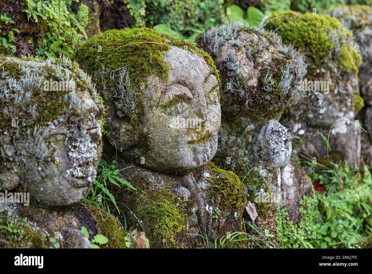 Un gros plan de petites statues de pierre appelées rakan dans le parc du temple Otagi Nenbutsu-ji à Arashiyama, Kyoto, Japon. Banque D'Images