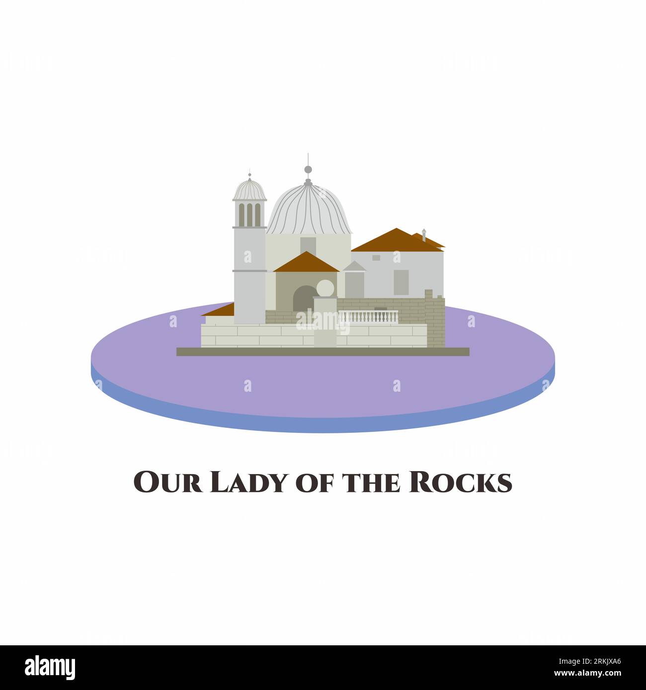 Notre Dame des rochers est l'un des deux îlots au large de la côte de Perast dans la baie de Kotor, Monténégro. Un beau musée et une église. Voiture plate Vector Illustration de Vecteur