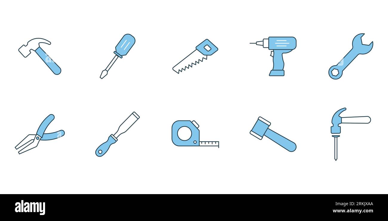 Icône d'ensemble de menuiserie. Icône relative aux outils Handyman. Contient des icônes marteau, tournevis, scie, perceuse, etc Style d'icône de ligne plate. Conception vectorielle simple ed Illustration de Vecteur