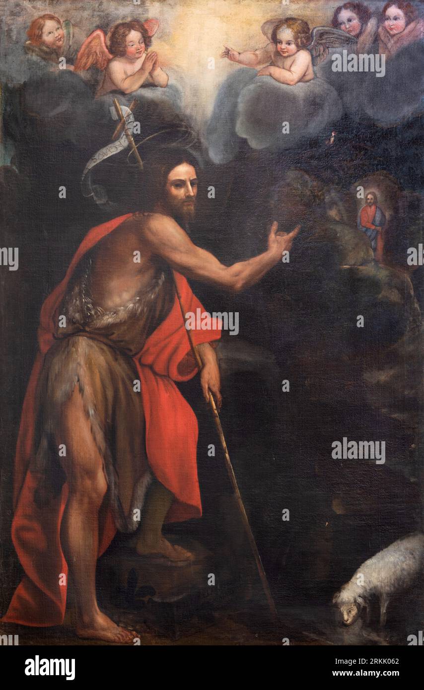 GÊNES, ITALIE - 7 MARS 2023 : la peinture de St. Jean le Baptiste (Agneau de Dieu) dans l'église Chiesa di Francesco da Paola par A. Veronica Airioli (1 Banque D'Images GÊNES, ITALIE - 7 MARS 2023 : la peinture de St. Jean le Baptiste (Agneau de Dieu) dans l'église Chiesa di Francesco da Paola par A. Veronica Airioli (1 Banque D'Images