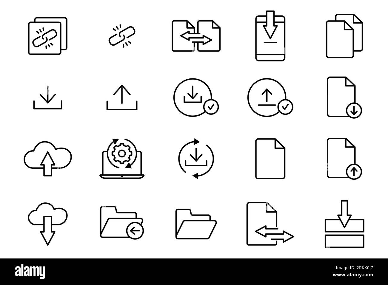 Icône Télécharger l'ensemble. Contient des icônes de téléchargement, de téléchargement, de transfert, de lien, etc. Adapté à la conception de site Web, application, interfaces utilisateur, imprimable, etc Icône de ligne Illustration de Vecteur