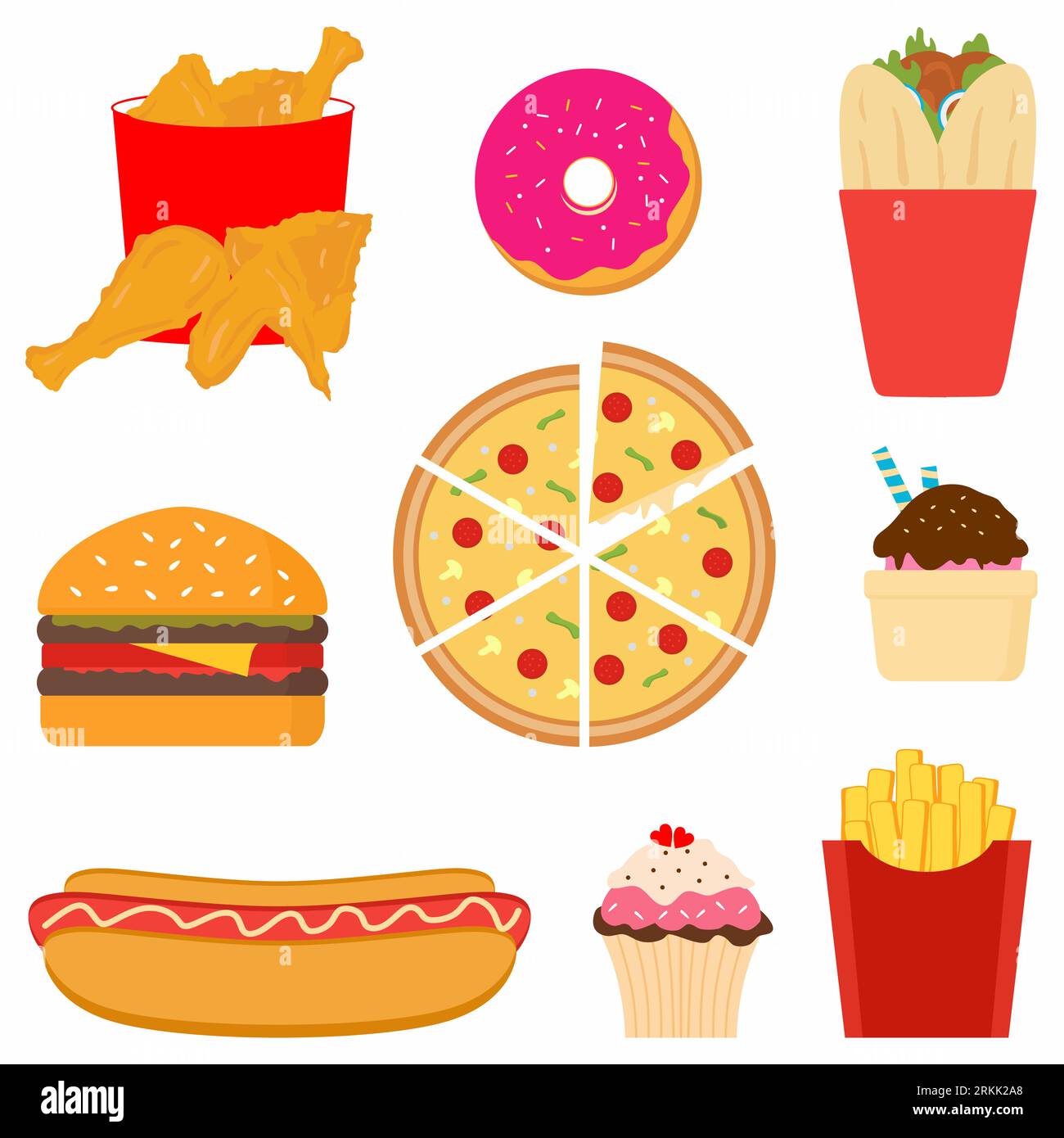 Jeu d'icônes de design plat coloré de restauration rapide. Savoureux fast-food comprend beignet, hamburger, frites, poulet frit, crème glacée, hot dog, gâteau de tasse, kebab, pi Illustration de Vecteur