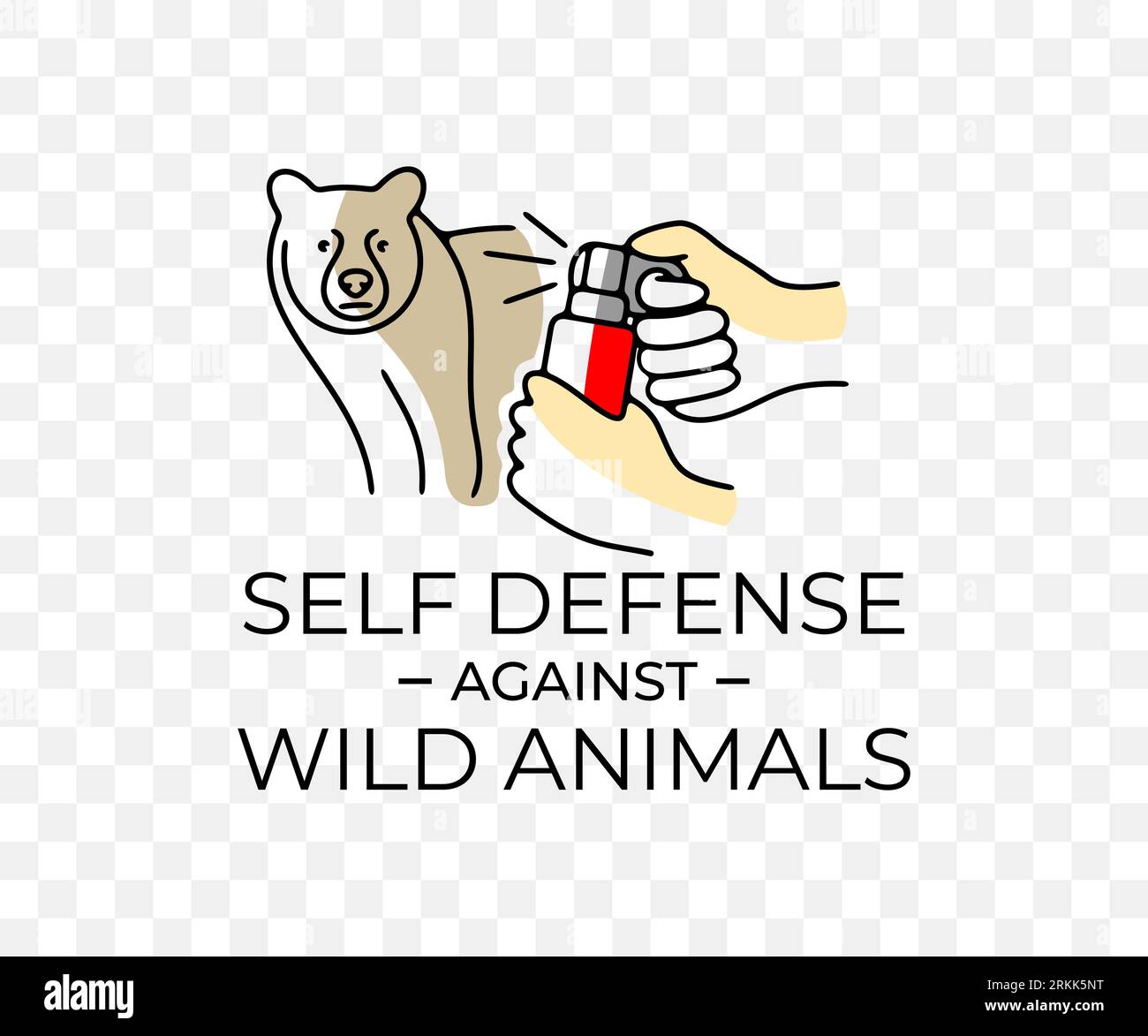 Autodéfense contre les animaux sauvages, ours et spray ours, design graphique coloré. Grizzly, attaque d'ours, forêt, nature, randonnée et camping, vecteur Illustration de Vecteur