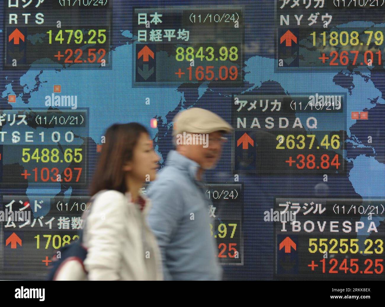 Bildnummer : 56210962 Datum : 24.10.2011 Copyright : imago/Xinhua (111024) -- TOKYO, 24 octobre 2011 (Xinhua) -- des piétons marchent devant un index boursier devant une maison de courtage à Tokyo le 24 octobre 2011. Les actions japonaises ont fortement augmenté lundi. La moyenne des actions Nikkei sur 225 émissions a atteint 165,09 points, soit 1. 90 pour cent, à partir de vendredi à 8 843,98. L'indice TOPIx plus large de toutes les émissions de la première Section à la Bourse de Tokyo a terminé en hausse de 11,23 points, soit 1,51% à 755,44. (Xinhua/Kenichiro Seki) (zys) JAPAN-TOKYO-STOCKS PUBLICATIONxNOTxINxCHN Wirtschaft Börse Aktienindex Börsenkurse Anstieg Haus Banque D'Images