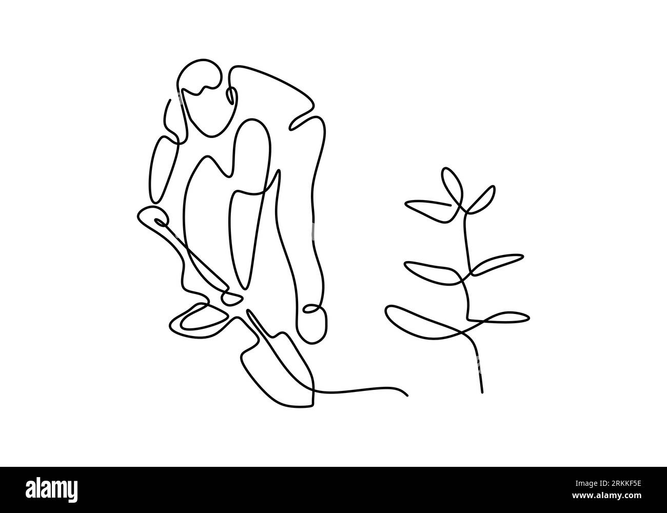 Ligne continue unique dessinant jeune homme creusant le sol à l'aide d'une pelle et plantant une germe ou des semis. Retour au thème de la nature. Protégez notre planète terre m Illustration de Vecteur