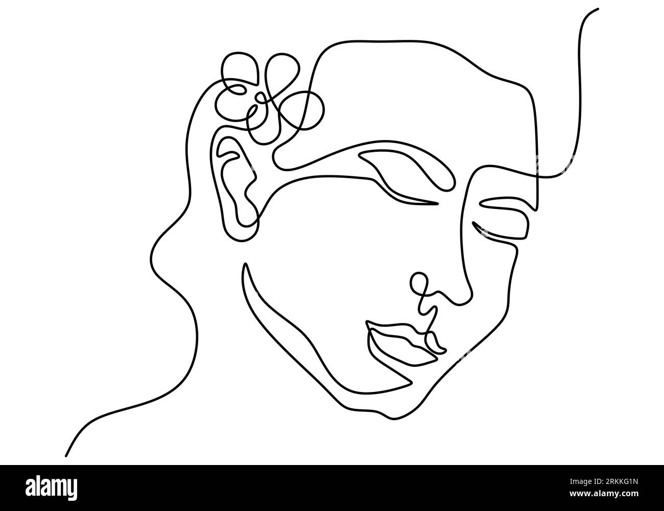 Visage de femme avec fleur de rose dans le style minimaliste de dessin de ligne continue. Symbole de la nature des cosmétiques. Illustration vectorielle d'impression botanique dans l'élégant St Illustration de Vecteur