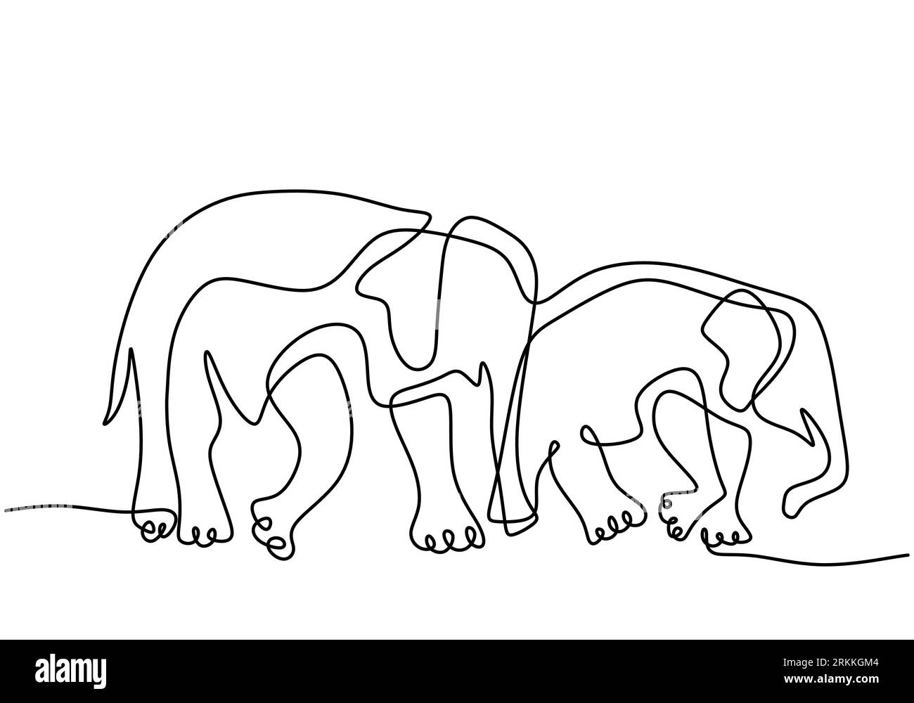 Deux éléphants continus d'une ligne d'art dessin minimalisme style. Un couple grand éléphant marche et joue ensemble au parc zoologique isolé sur la ba blanche Illustration de Vecteur