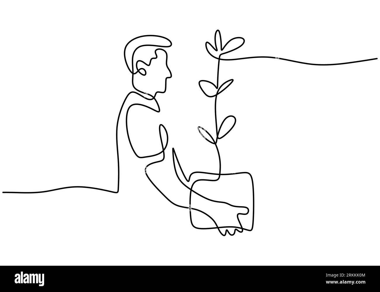 Une seule ligne d'art dessinée continue minimalisme griffonne un agriculteur tenant une plante. Jeune homme agronome apporter des plantes pour le reboisement. Retour à la nature min Illustration de Vecteur