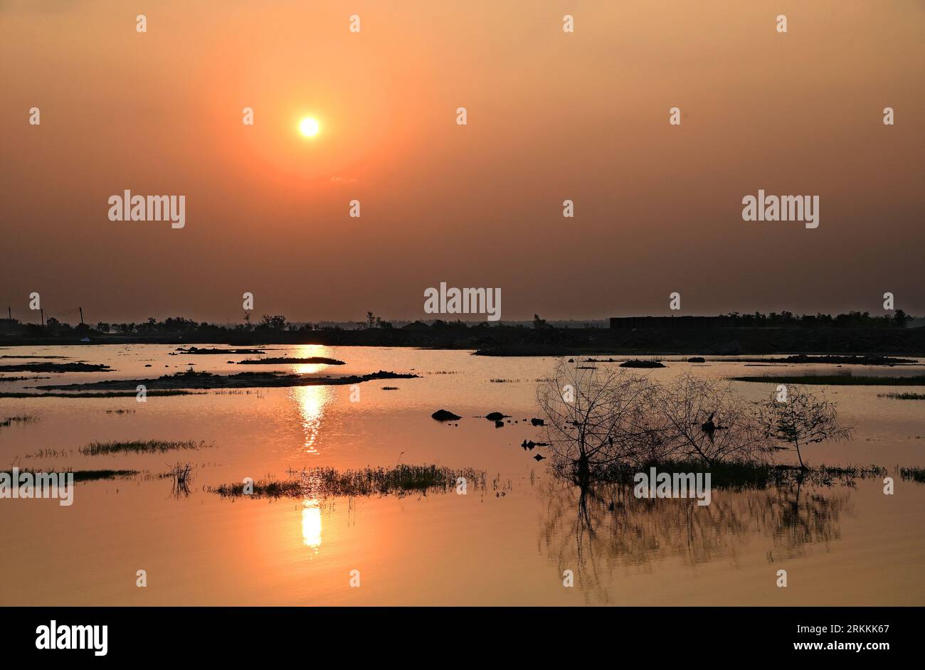 Le magnifique coucher de soleil à la plus grande forêt de mangroves du monde dans l'île de Sundarban, Bengale occidental, Inde Banque D'Images