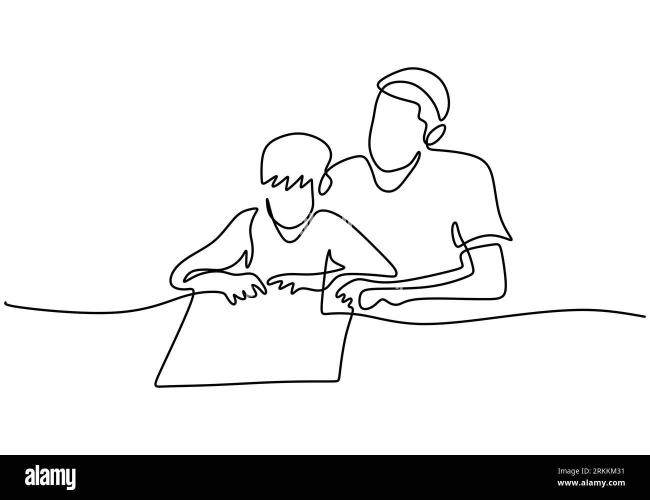 Un dessin au trait continu de père et de fils peindre ensemble, Un papa enseigne à son fils comment peindre correct et beau sur papier. Créativité familiale a Illustration de Vecteur