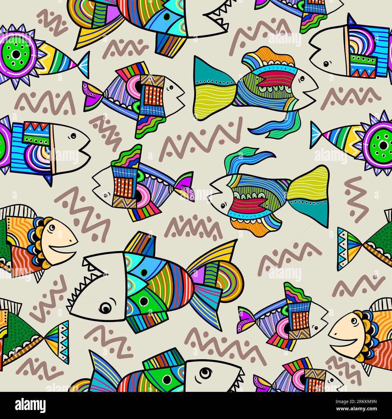 Modèle sans couture avec des habitants sous-marins mignons. Poisson tribal enfantin isolé sur fond blanc. Motif enfants drôle pour le textile et le tissu. Dessin animé Illustration de Vecteur