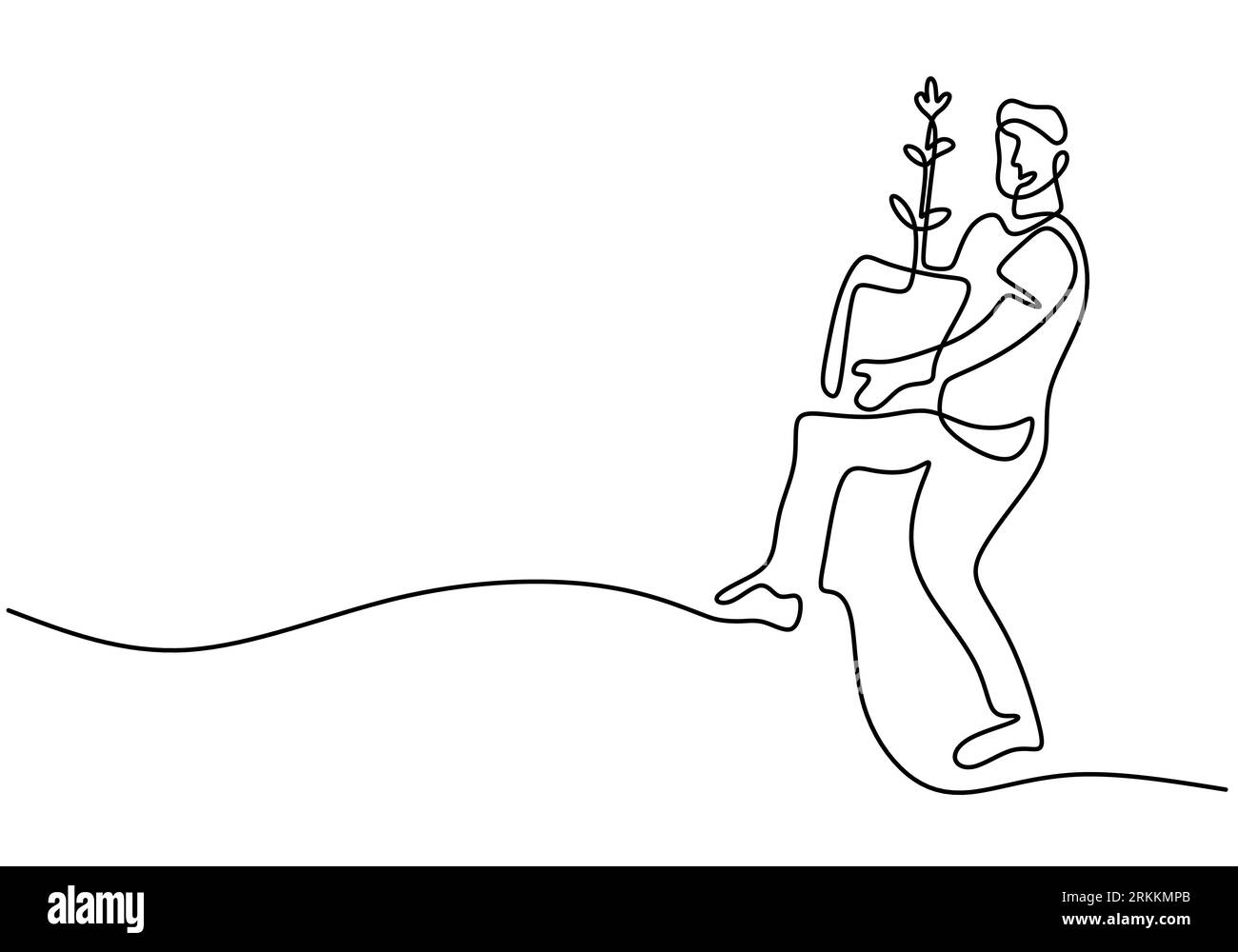 Une seule ligne d'art dessinée continue minimalisme griffonne un agriculteur tenant une plante. Jeune homme agronome apporter des plantes pour le reboisement. Retour à la nature min Illustration de Vecteur