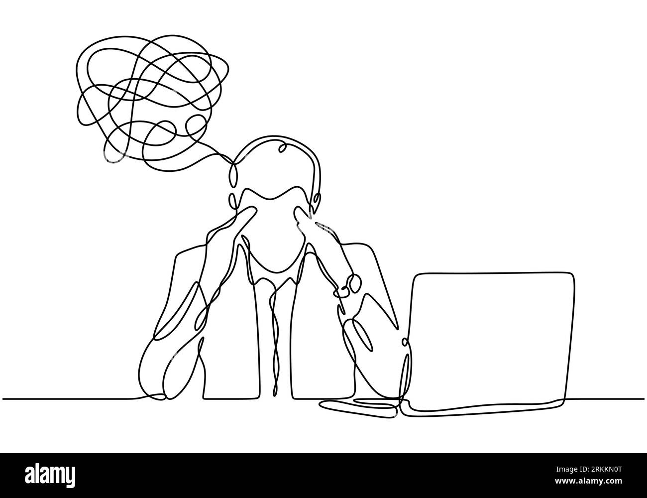 dessin au trait continu de l'homme déprimé avec problème à l'esprit, l'homme d'affaires d'illustration vectorielle a des problèmes et du stress avec son travail dans le bureau. Illustration de Vecteur