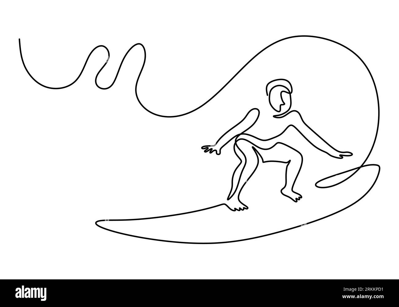 Dessin continu d'une ligne d'homme énergique ou de personne faisant du surf aquatique. Wave Rider ou surfeur debout sur planche de surf dans la plage isolé sur blanc Illustration de Vecteur