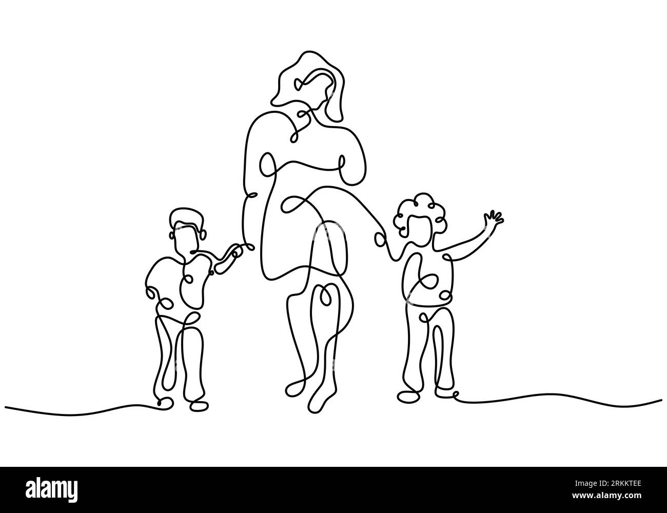 maman heureuse avec ses deux enfants dans le style de dessin au trait continu. Jeune mère tenant ses enfants et marchant ensemble isolée sur le backgro blanc Illustration de Vecteur