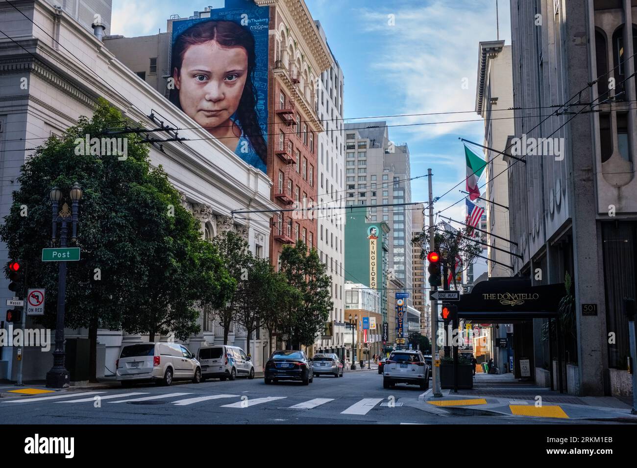 Une fresque de la militante climatique suédoise Greta Thunberg, Mason Street, San Francisco, Californie, États-Unis Banque D'Images