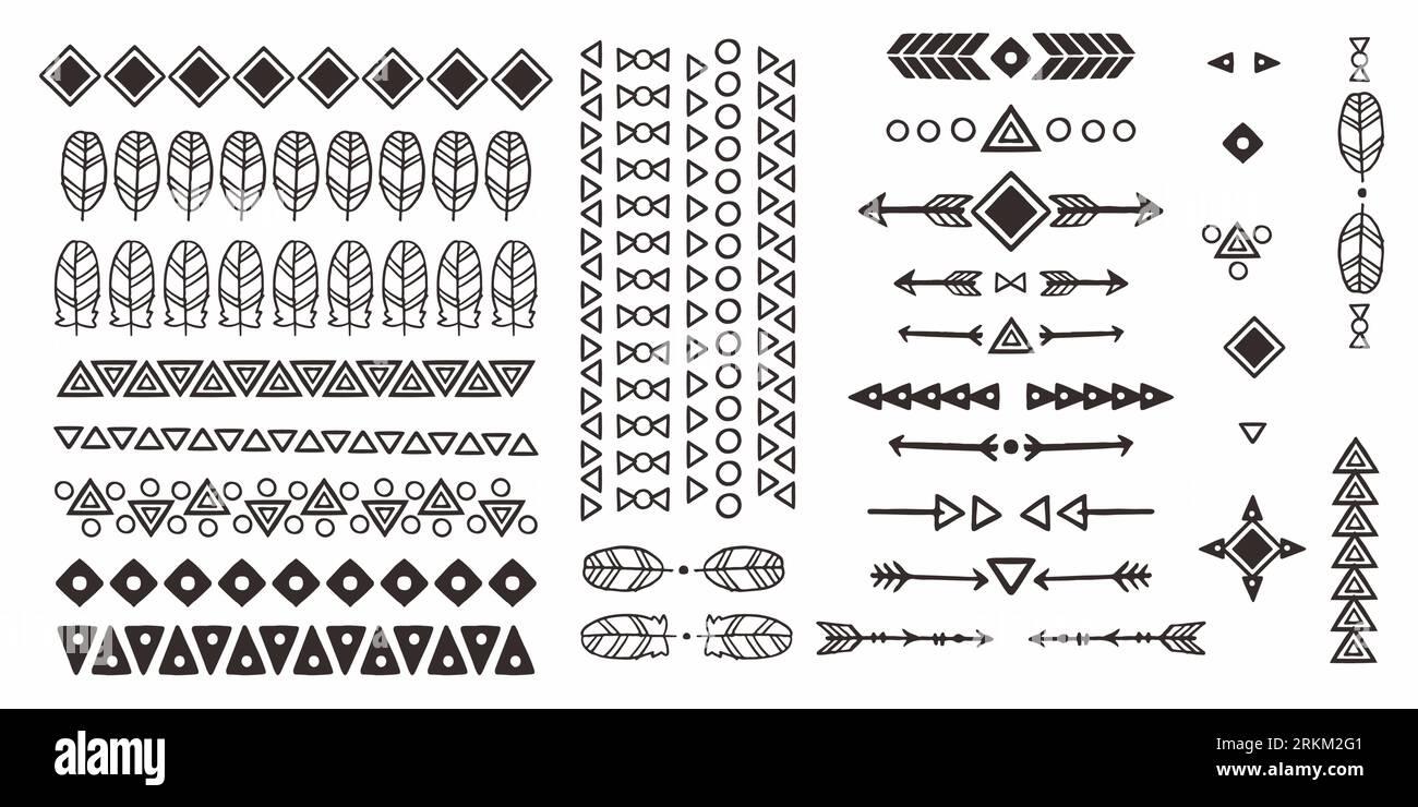 Ensemble de symboles tribaux africains géométriques dessinés à la main isolés sur fond blanc. Illustration de Vecteur