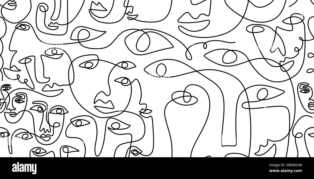 Une ligne de portraits d'art abstrait féminin peinture de visage minimaliste ensemble. Les visages masquent le motif répété. Illustration vectorielle sur fond blanc Illustration de Vecteur
