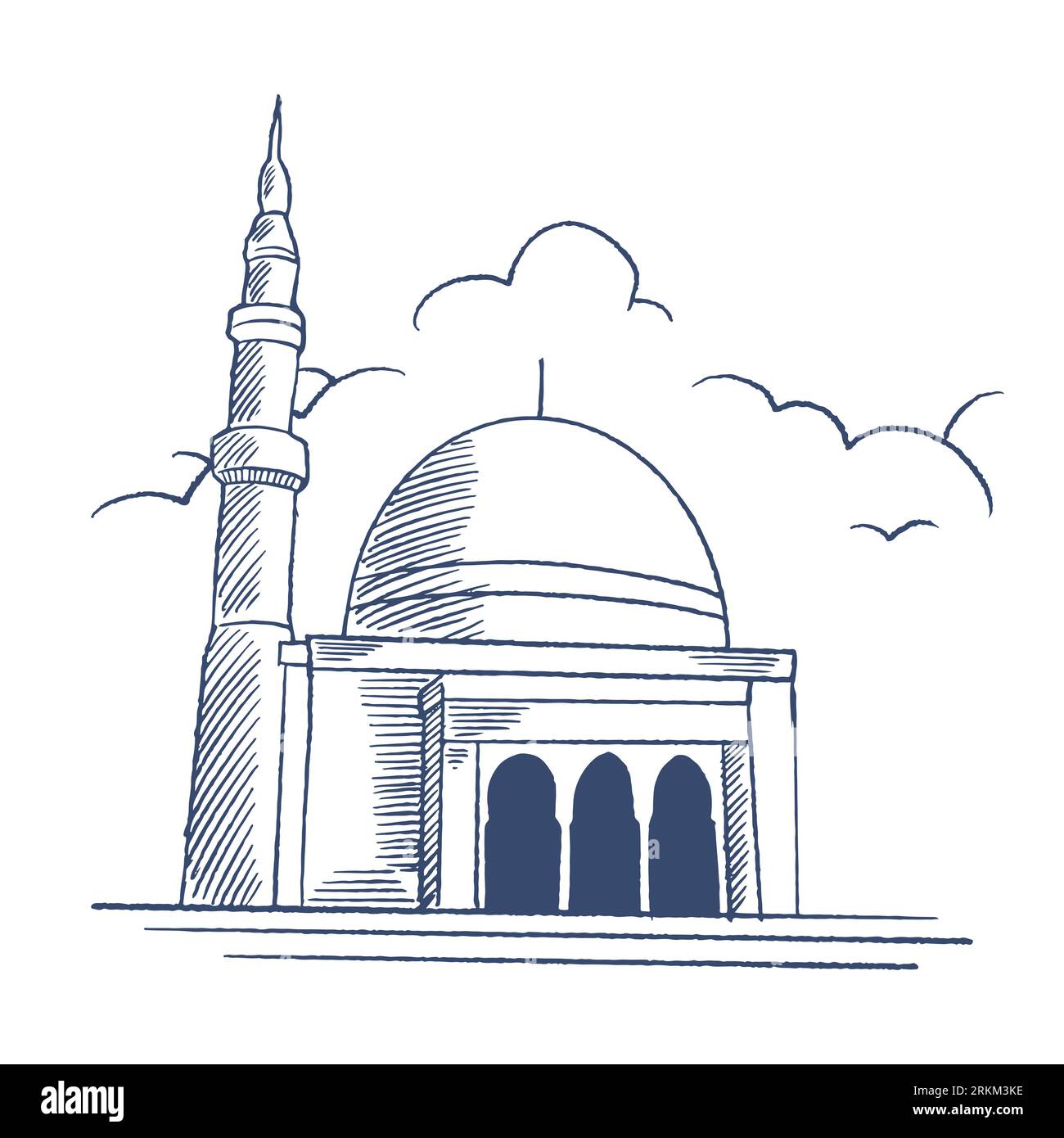 Illustration vectorielle esquissée à la main. Une mosquée pour la carte de voeux ramadan isolé sur fond blanc. Mosquée islamique gravée à la main dessinée en vieux croquis, Illustration de Vecteur