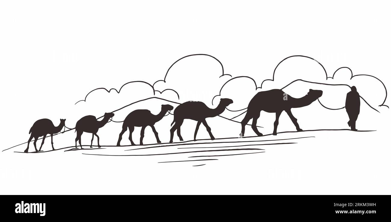 Dessiné à la main de Caravane avec des chameaux dans le désert. chameau marchant dans le désert. Caravane traversant les dunes. Illustration de Vecteur